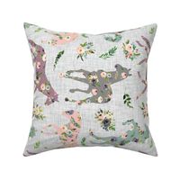 floral patchwork horses on gray linen background - rotated