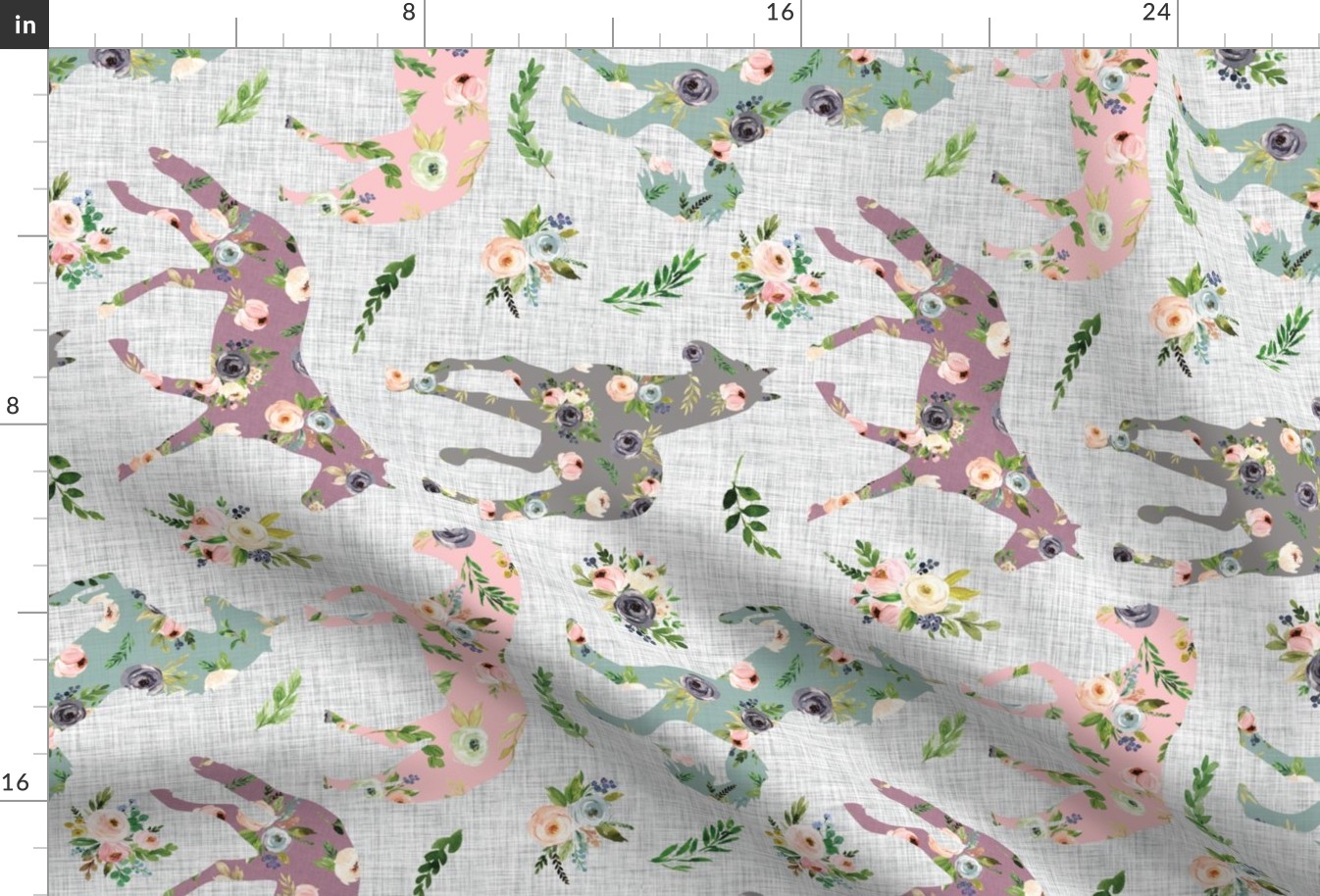 floral patchwork horses on gray linen background - rotated