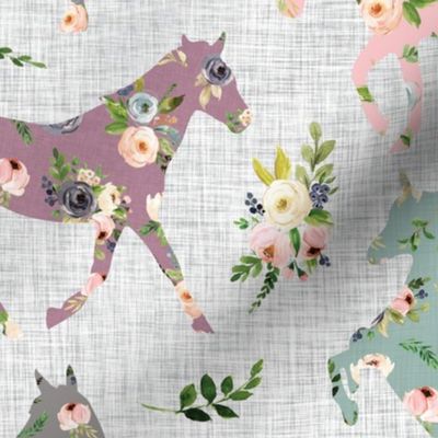 floral patchwork horses on gray linen background