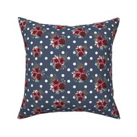 scattered maroon floral on white polka dots and stone blue background