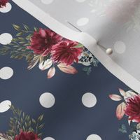 scattered maroon floral on white polka dots and stone blue background