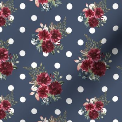 scattered maroon floral on white polka dots and stone blue background