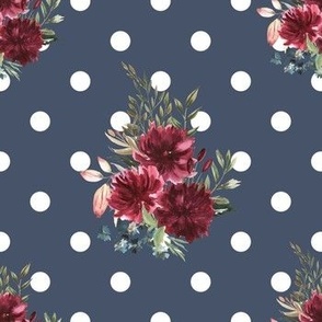 maroon floral on white polka dots and stone blue background - spaced
