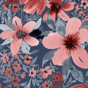 red and blue floral dark blue bg - moody loose watercolor floral