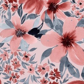 red and blue floral pink - watercolor floral