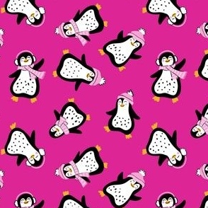 Happy Dancing Winter Penguins on Pink Background