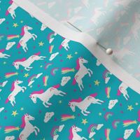 MINI unicorn bright colors fabric rainbow clouds stars cute girls unicorn fabric turquoise