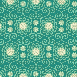 Trellis Symmetrical Floral Botanical in Teal with Cottage Chartreuse Green and Cream - LARGE Scale - UnBlink Studio by Jackie Tahara