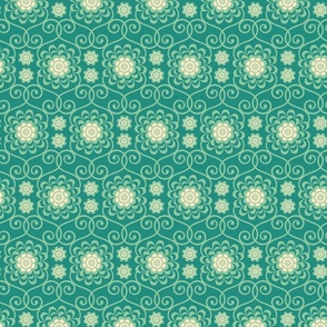 Trellis Symmetrical Floral Botanical in Teal with Cottage Chartreuse Green and Cream - MEDIUM Scale - UnBlink Studio by Jackie Tahara