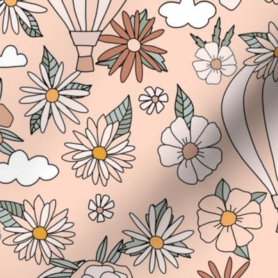 Hot Air Ballon and Flowers Vintage Retro nursery kids peach pink