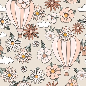 Hot Air Ballon and Flowers Vintage Retro nursery kids pink beige neutral