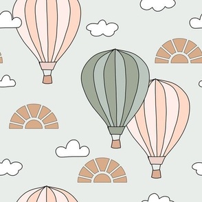 Vintage Hot Air Balloons in the sky with clouds sun in peach pink green nursery illustrated children book