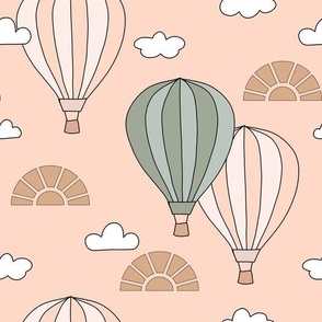 Vintage Hot Air Balloons in the sky with clouds sun in peach pink green nursery illustrated children book