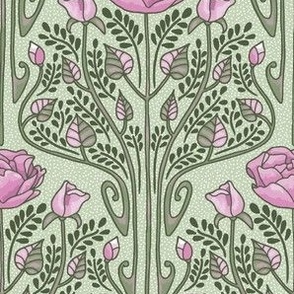 Art Nouveau Roses - light green with white dots