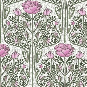Art Nouveau Roses - white with green dots 