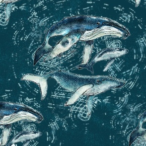 Humpback whale family on teal ocean _medium scale