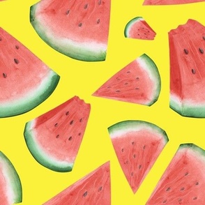 Watercolor slices of watermelon on a yellow background.