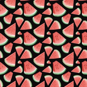 Watercolor slices of watermelon on a black background.