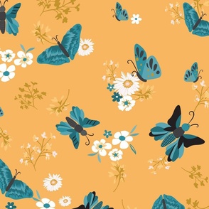 blue butterfly pattern yellow background
