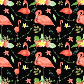 Pink flamingos and exotic flowers.