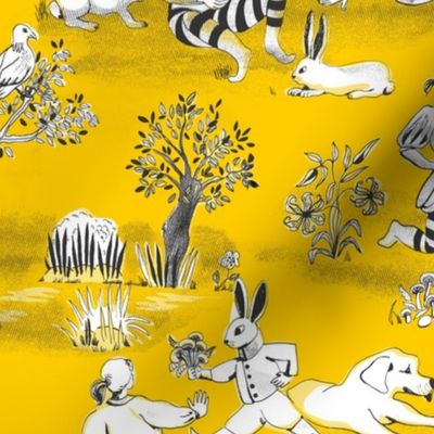 Bunnies fantasy yellow toile de jouy