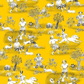 Bunnies fantasy yellow toile de jouy