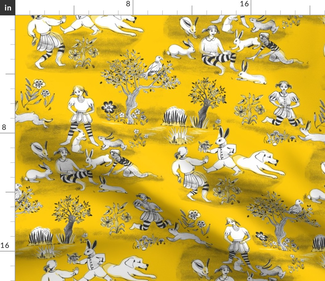 Bunnies fantasy yellow toile de jouy