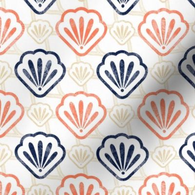 Medium Scale Scallop Floral Seashells in Sand Navy and Coral