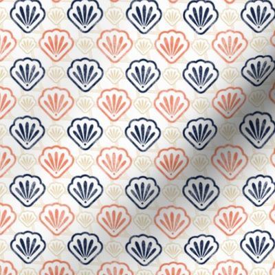 Small Scale Scallop Floral Seashells in Sand Navy and Coral