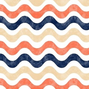 Medium Scale Wavy Ocean Stripes in Sand Navy and Coral