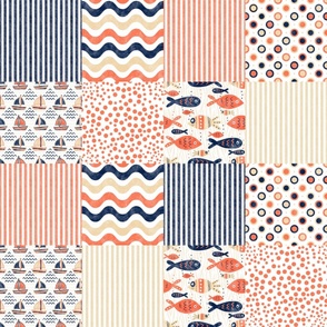 Bigger Scale Patchwork 6" Squares Spring 2022 Swimmy Fish Coordinate in Navy, Sand and Coral