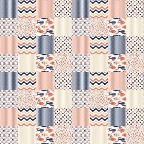 Smaller Scale Patchwork 3" Squares Spring 2022 Swimmy Fish Coordinate in Navy, Sand and Coral