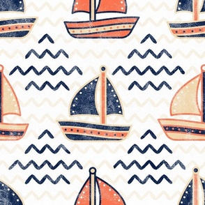 Large Scale Sailboats in Navy Coral and Sand