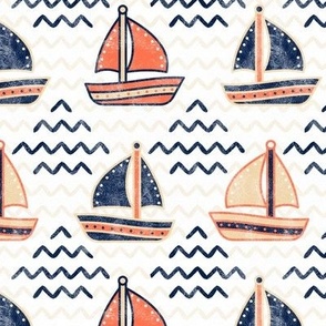 Medium Scale Sailboats in Navy Coral and Sand