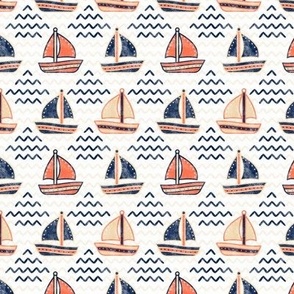 Small Scale Sailboats in Navy Coral and Sand