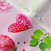 Large Scale Watercolor Hearts and Flowers Pink and Red Roses Valentines Day