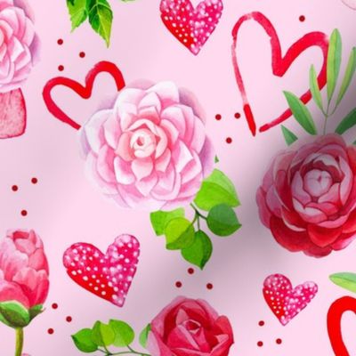 Large Scale Watercolor Hearts and Flowers Pink and Red Roses Valentines Day