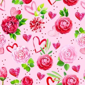 Large Scale Watercolor Hearts and Flowers Pink and Red Roses Valentines Day