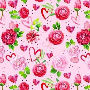 Medium Scale Watercolor Hearts and Flowers Pink and Red Roses Valentines Day