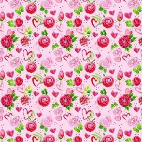 Small Scale Watercolor Hearts and Flowers Pink and Red Roses Valentines Day