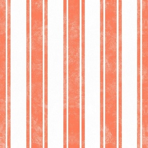 Large Scale Vertical French Ticking Textured Pinstripes in Coral Papaya and White