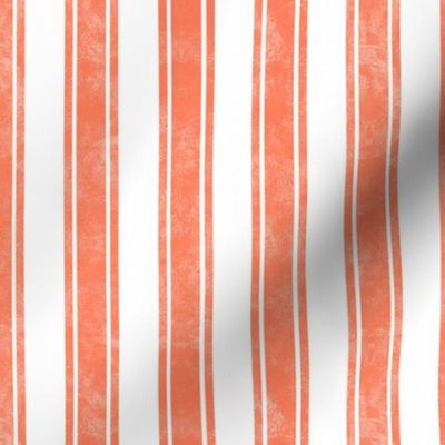 Medium Scale Vertical French Ticking Textured Pinstripes in Coral Papaya and White