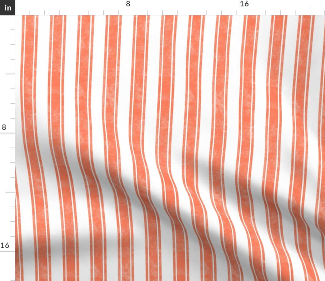 Medium Scale Vertical French Ticking Textured Pinstripes in Coral Papaya and White