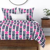 Large Scale Scandi Floral Vine Dark Midnight Navy Blue and Hot Pink Flowers