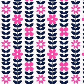 Small Scale Scandi Floral Vine Dark Midnight Navy Blue and Hot Pink Flowers
