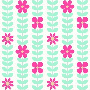 Medium Scale Scandi Floral Vine Mint and Hot Pink Flowers