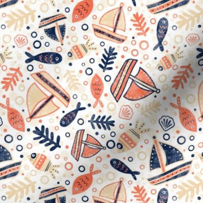 Medium Scale Sailing Adventure Scatter Sailboats Fish in Navy Sand Tan and Coral