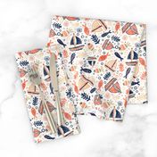 Medium Scale Sailing Adventure Scatter Sailboats Fish in Navy Sand Tan and Coral