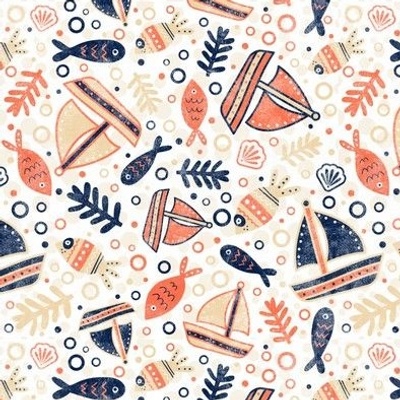 Medium Scale Sailing Adventure Scatter Sailboats Fish in Navy Sand Tan and Coral