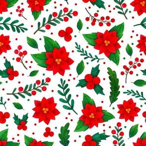 Large Scale Christmas Red and Green Poinsettia Flowers Holly Berries Mistletoe Floral